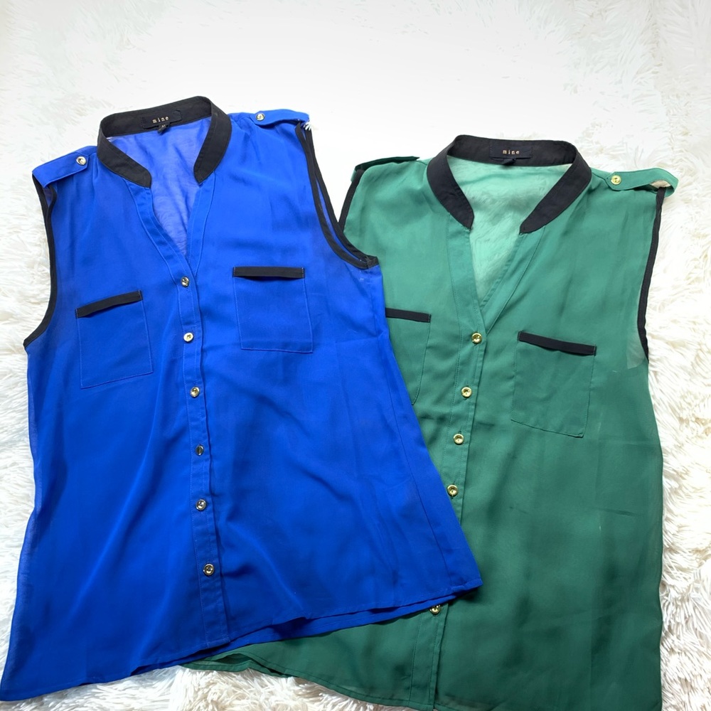2 tops (blue and green polyester tanks)